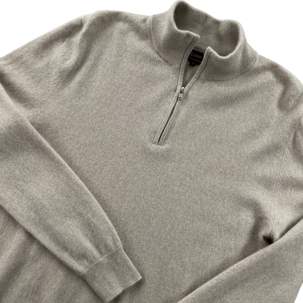 Quince 1/4 Zip Mongolian Cashmere Sweater Mens L Beige Soft Luxury Mock Neck